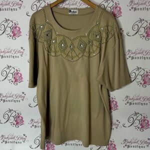 Kobe embroidered beaded diamond neckline top tshirt Tan Embellished Top